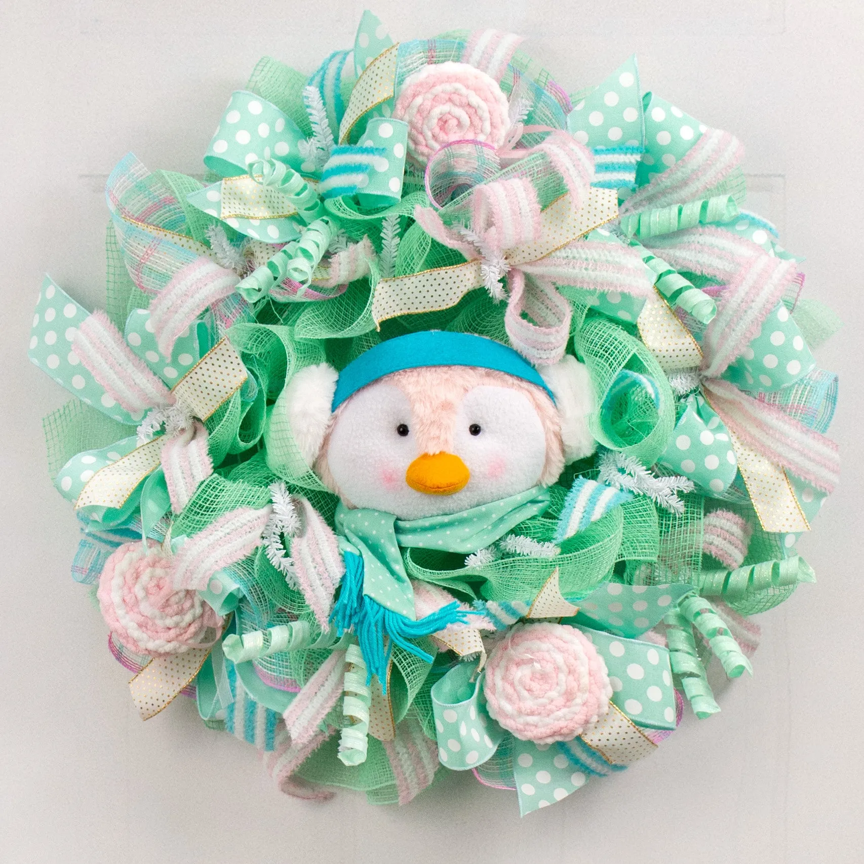 11" Plush Penguin Head Wreath Accent: Mint Green