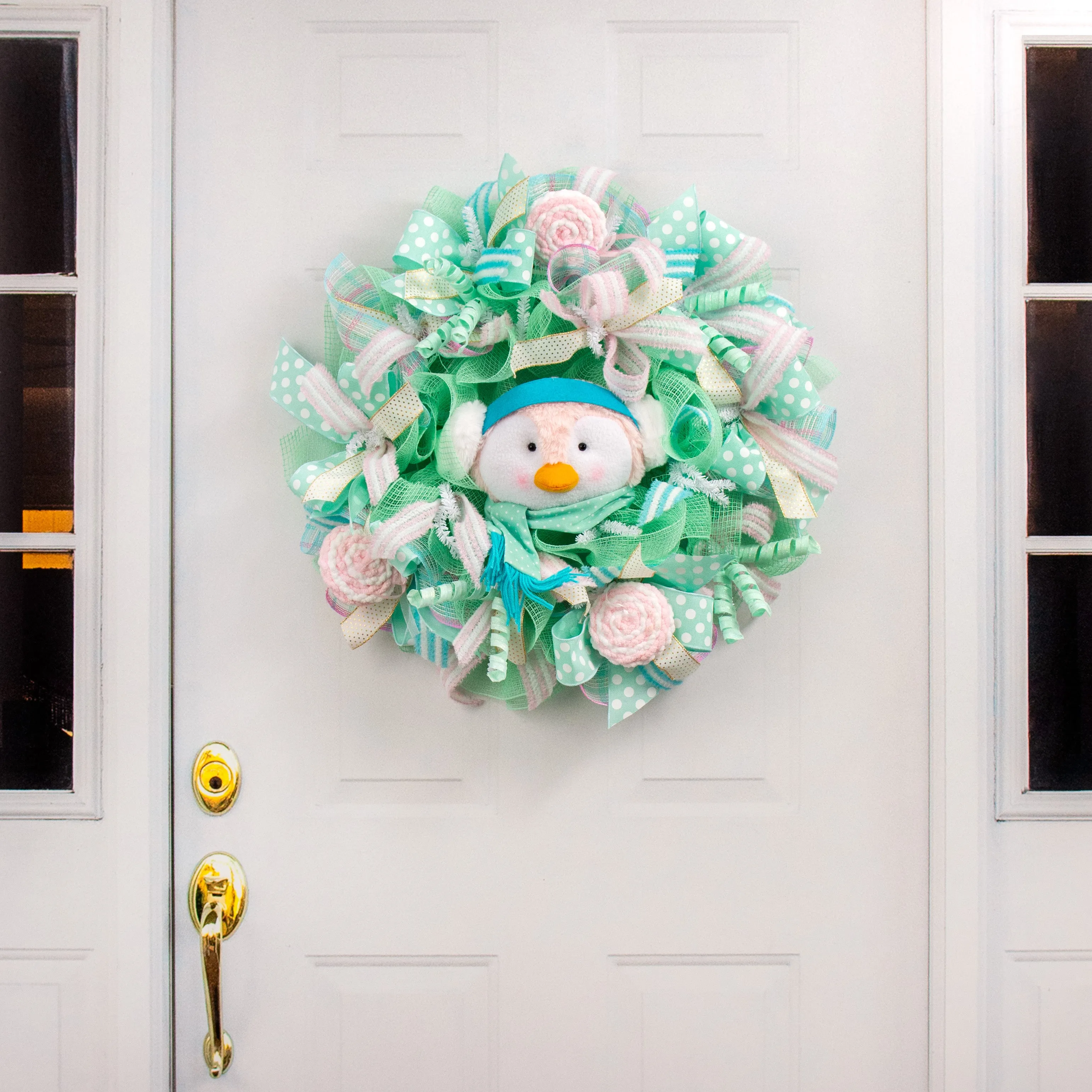 11" Plush Penguin Head Wreath Accent: Mint Green