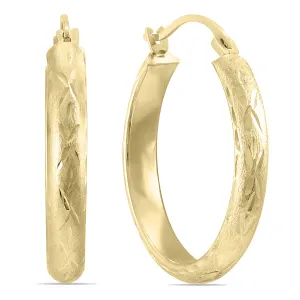 14K Yellow Gold Brushed Hoop Earrings with Diamond Cut Engraving (20mm)