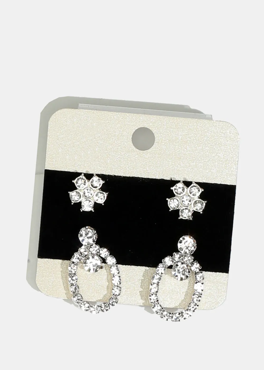 2-Pair Sparkly Flower & Oval Earrings