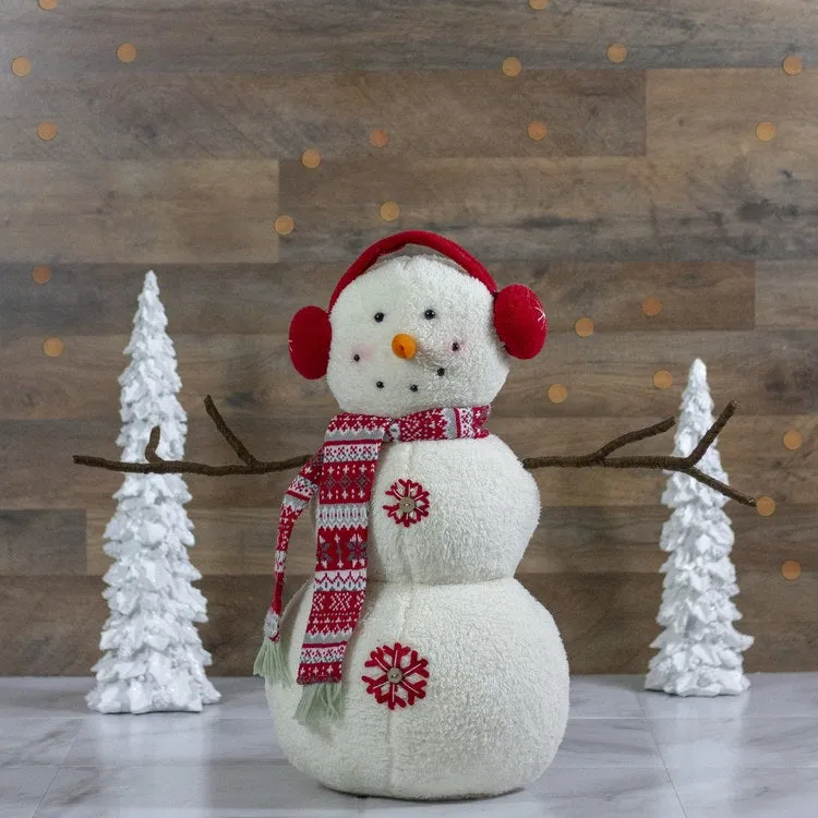 21.5" White and Red Snowflake Sherpa Plush Snowman Christmas Decoration