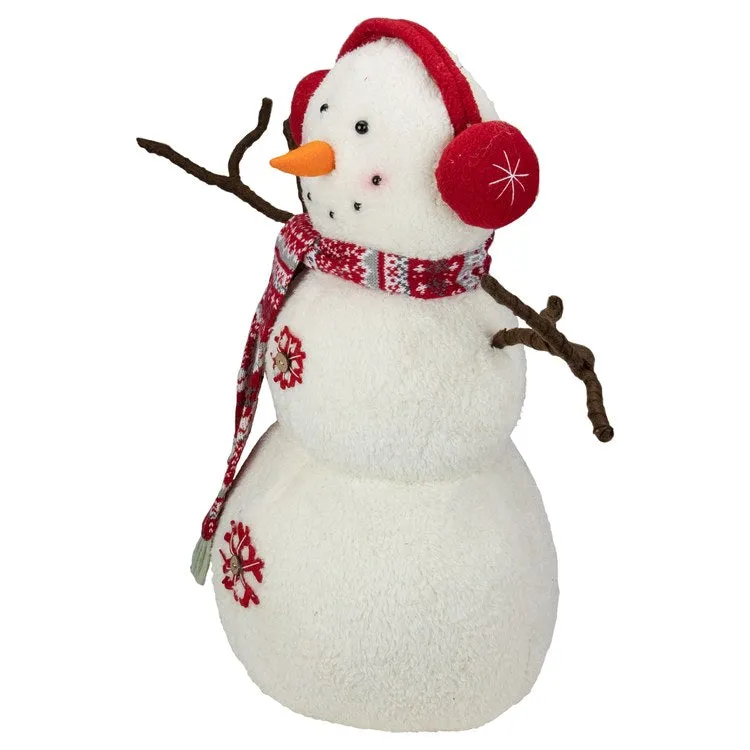 21.5" White and Red Snowflake Sherpa Plush Snowman Christmas Decoration