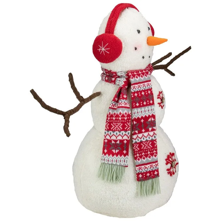 21.5" White and Red Snowflake Sherpa Plush Snowman Christmas Decoration