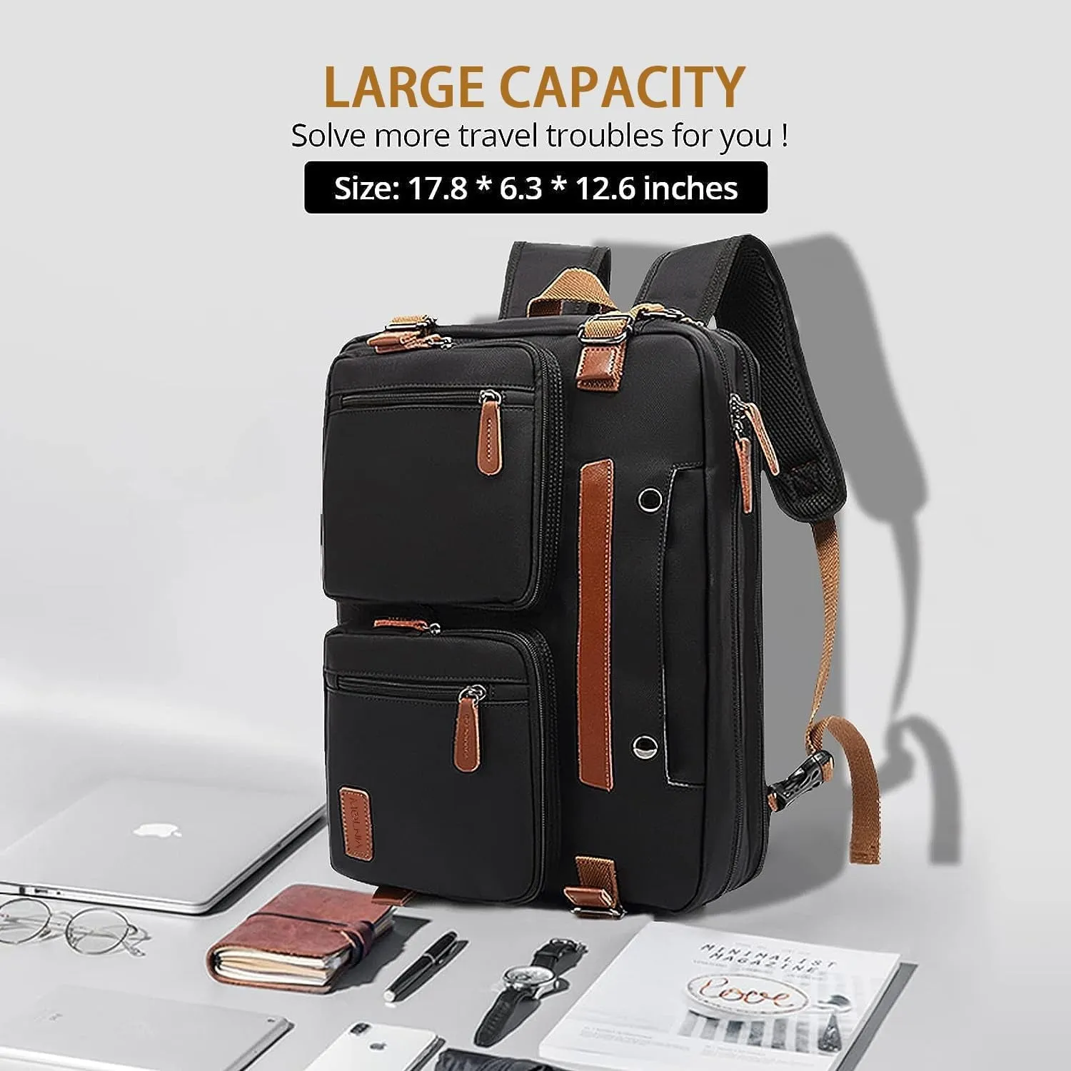 3 in 1 Laptop Bag for Men, 17.3 Inch Work Bags for Men, Laptop Backpack, Briefcases, Messenger Bag for Men, Computer Bags for Laptops for Men Women, Black