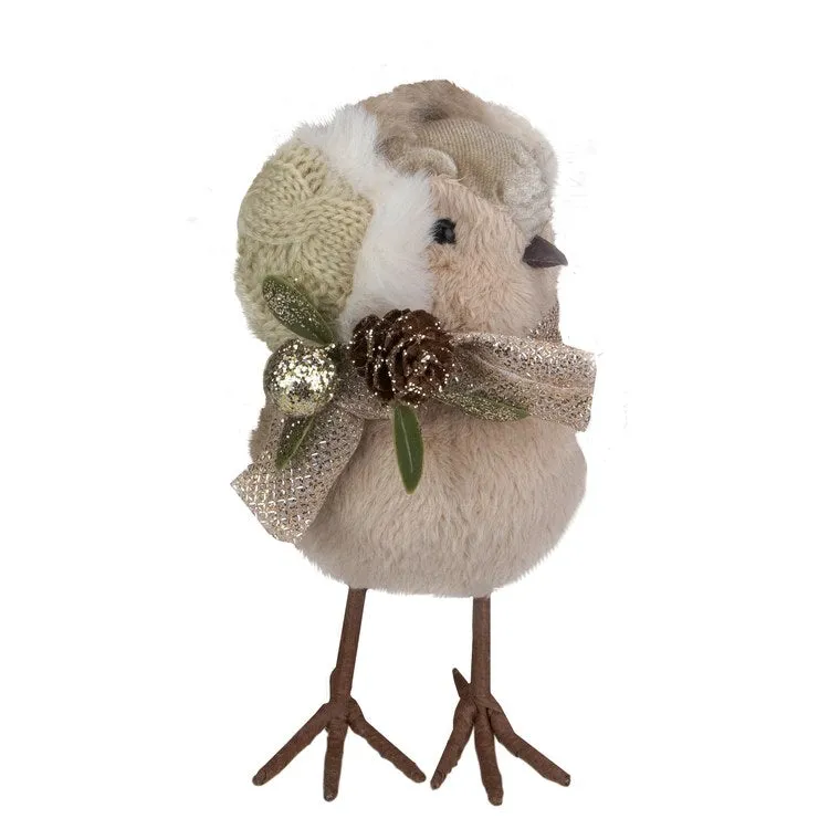 6" Beige and White Plush Bird In Earmuffs Christmas Figurine