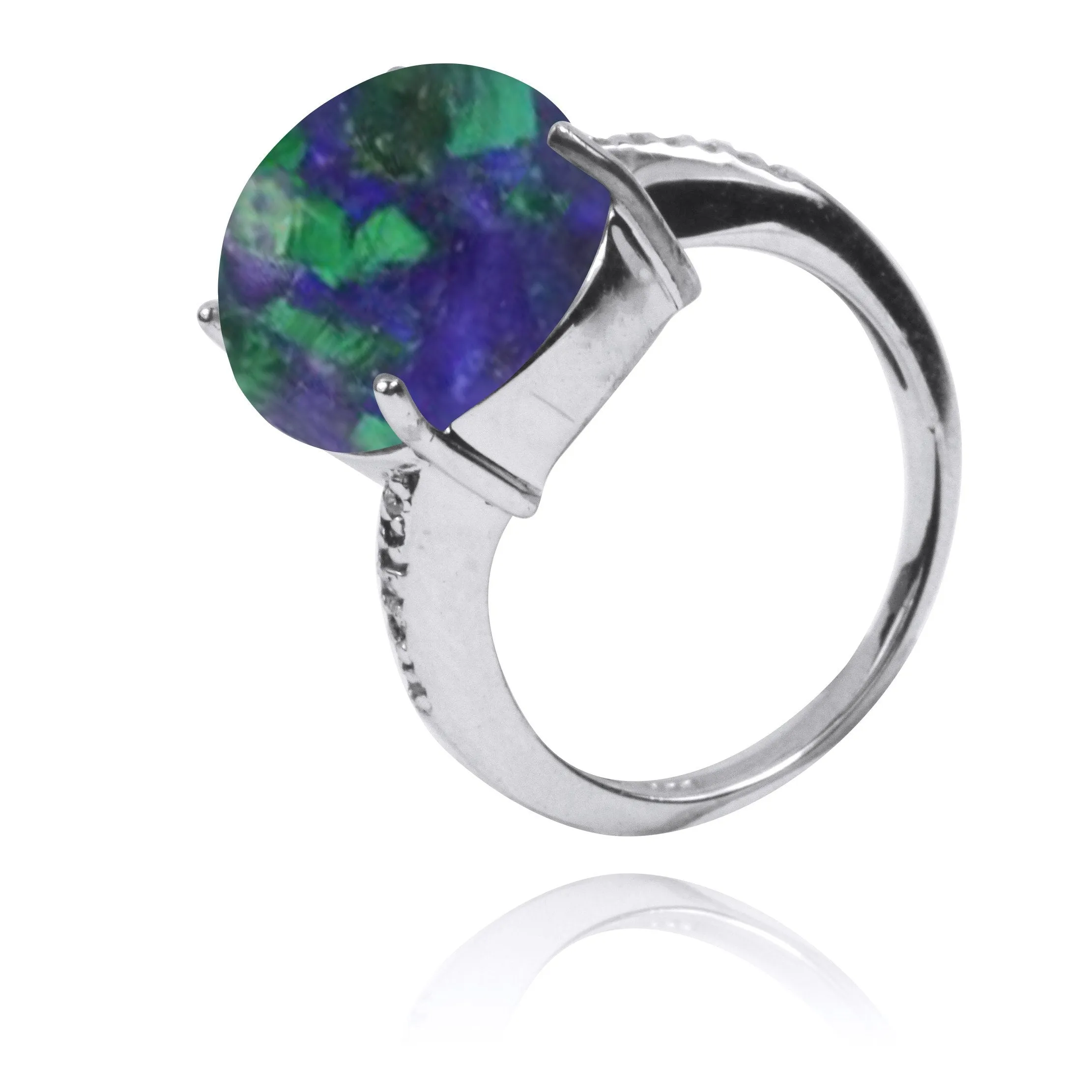 Azurite Malachite  Gemstone Ring with 14 Round Shape White CZ Stones