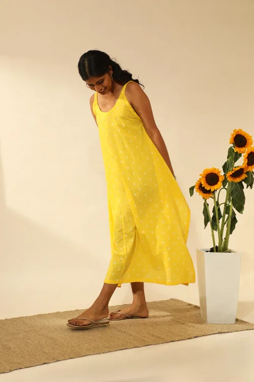 Bandhani Strappy Long Dress In Electric Yellow