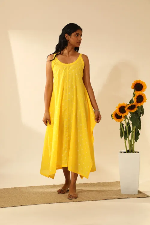 Bandhani Strappy Long Dress In Electric Yellow