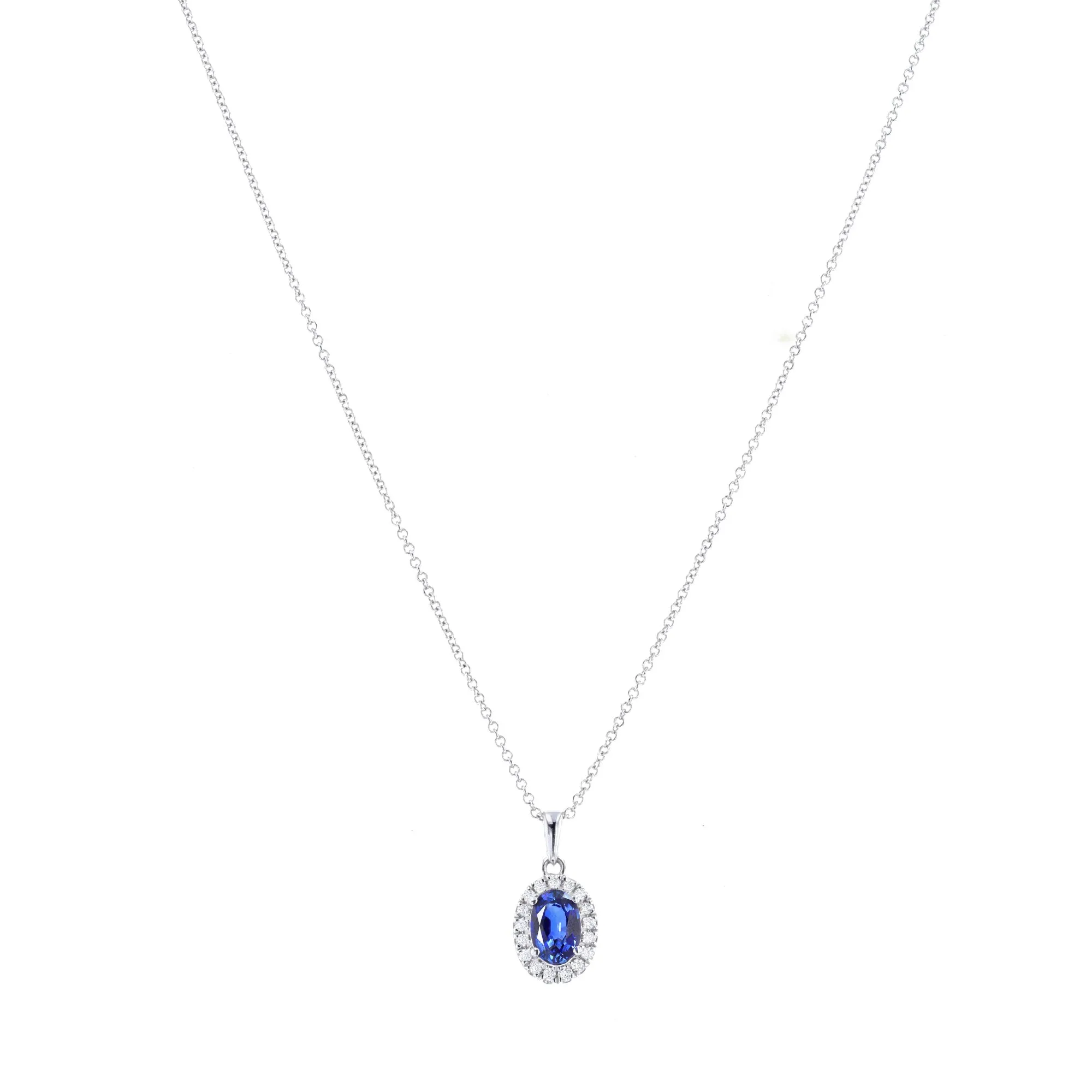 Bijou Collection 0.52ct Oval Cut Sapphire & Diamond Halo Necklace | 9K White Gold