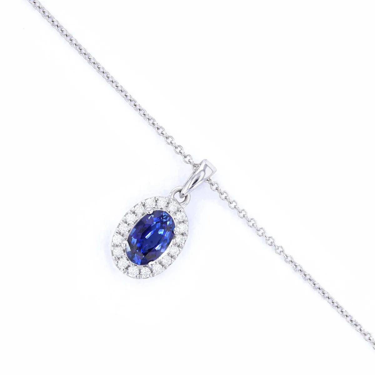 Bijou Collection 0.52ct Oval Cut Sapphire & Diamond Halo Necklace | 9K White Gold