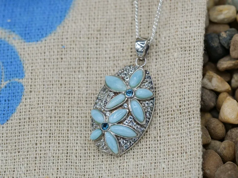 Caribbean Larimar Necklace with Frangipani Flower - Only One Piece Created