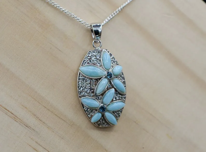 Caribbean Larimar Necklace with Frangipani Flower - Only One Piece Created