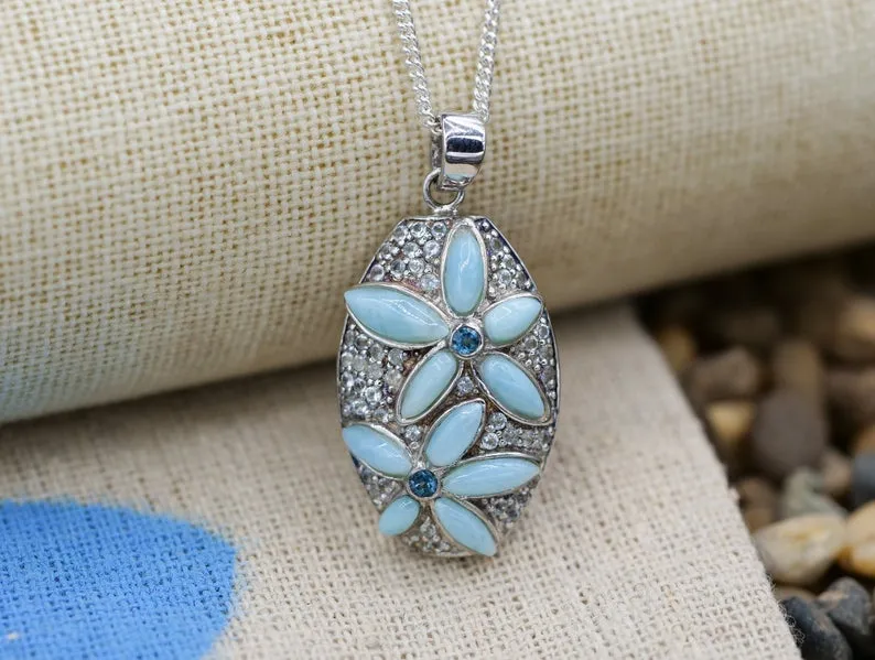 Caribbean Larimar Necklace with Frangipani Flower - Only One Piece Created