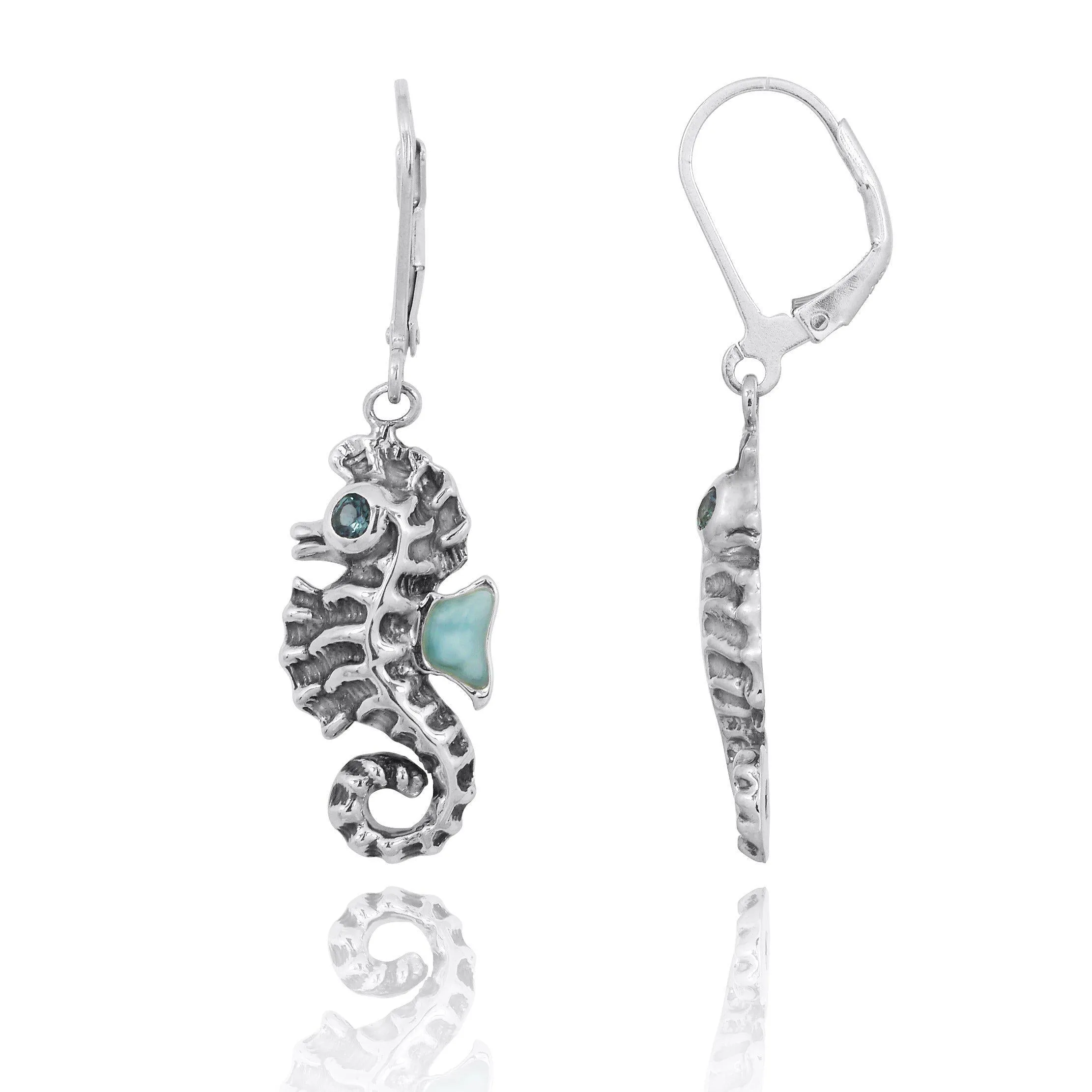 Caribbean Larimar Seahorse Earrings with Blue Topaz - Miami