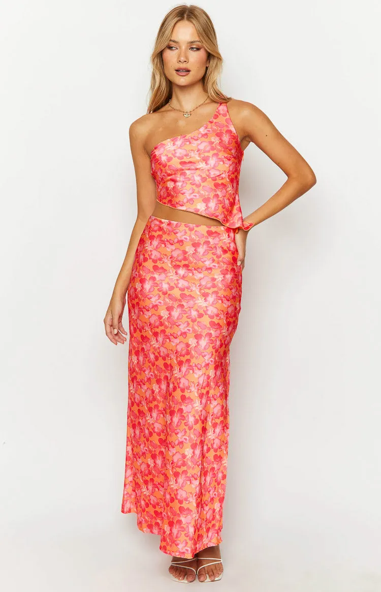 Claudi Orange And Pink Satin Maxi Skirt