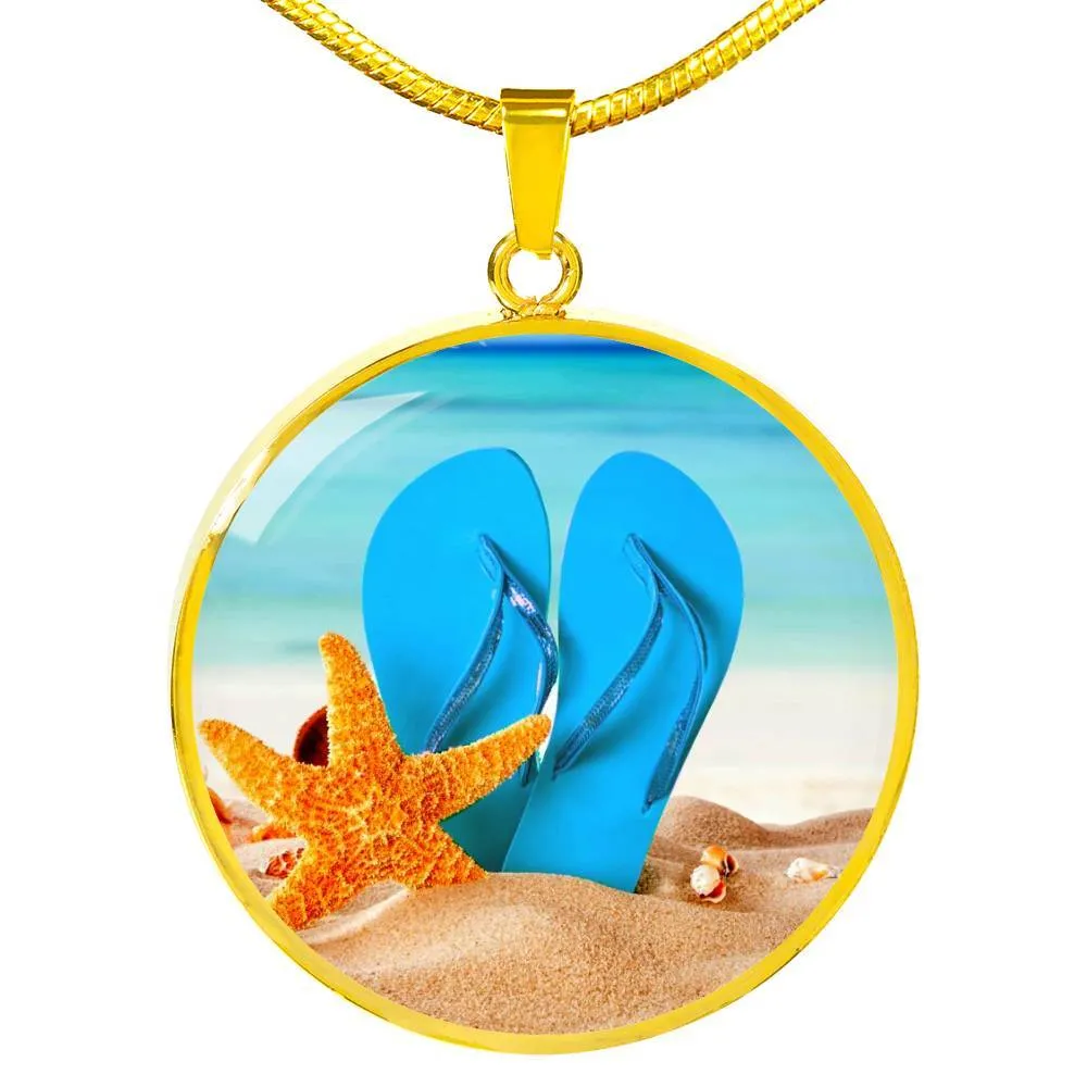 Engraving Option* New Flip Flops On The Beach - Round Pendant Necklace