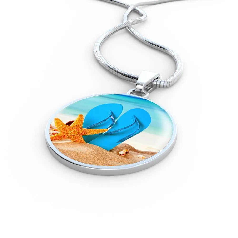 Engraving Option* New Flip Flops On The Beach - Round Pendant Necklace