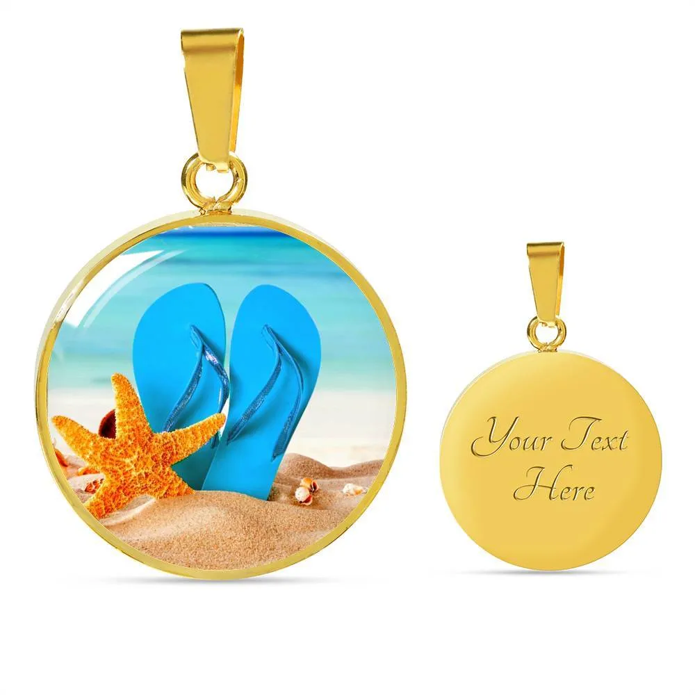 Engraving Option* New Flip Flops On The Beach - Round Pendant Necklace