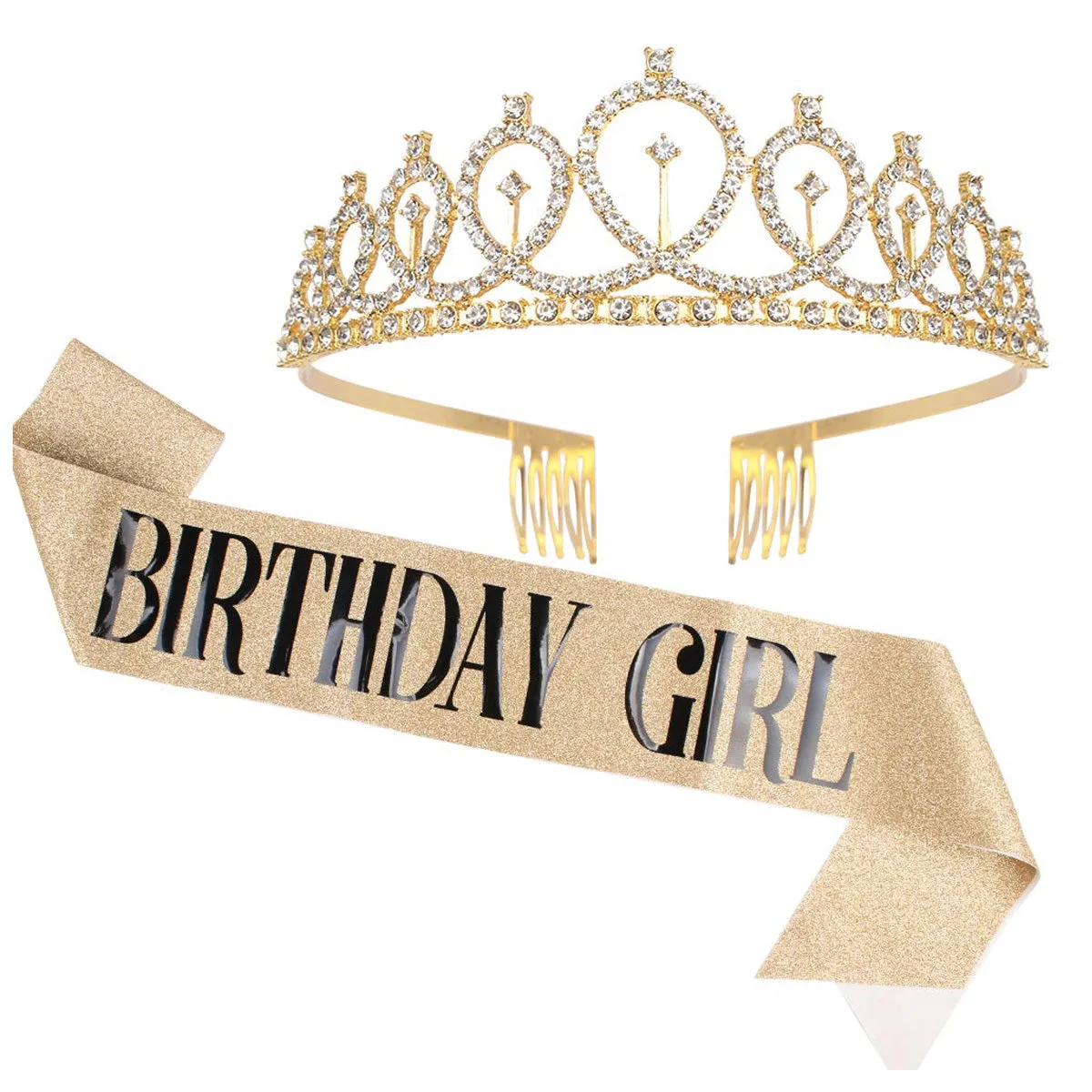 Fancydresswale Birthday Headbands Satin Sash and Tiara Birthday Crown for Girls Women Party Supplies- Gold Crown and Sash- Birthday Girl