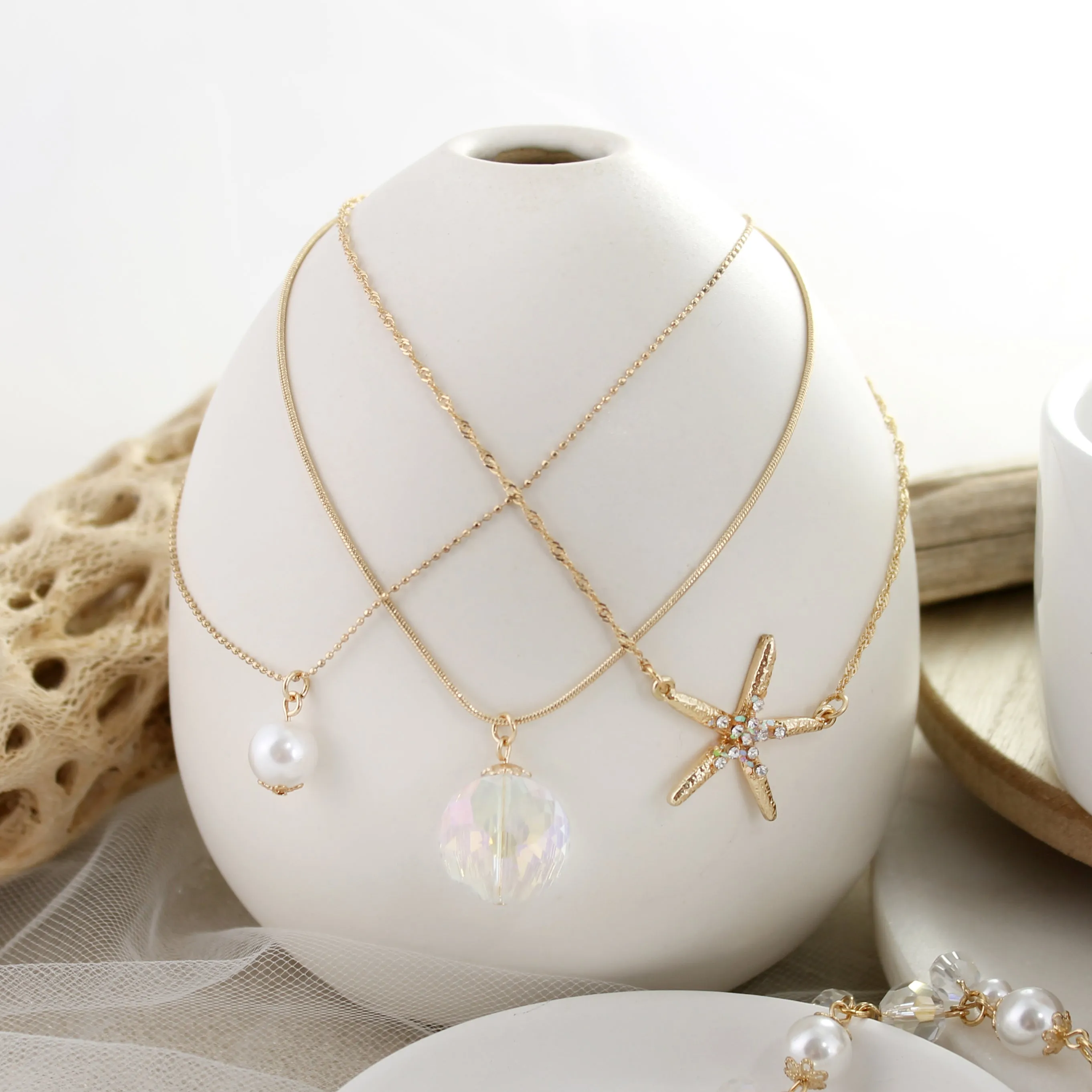 Gold Starfish Trio Necklace Set