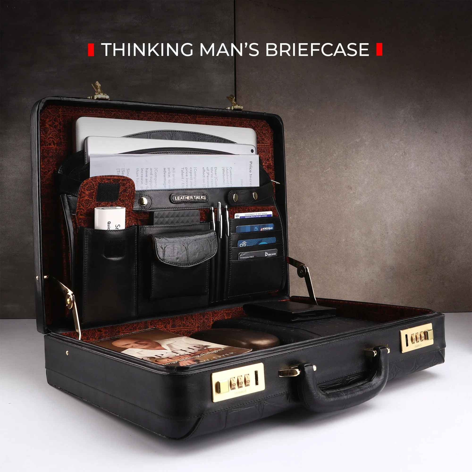 Great Dane Ruvido Double Lock- Genuine Leather Attaché | Briefcase | Advocate Briefcase | Security Briefcase | Colour: Black