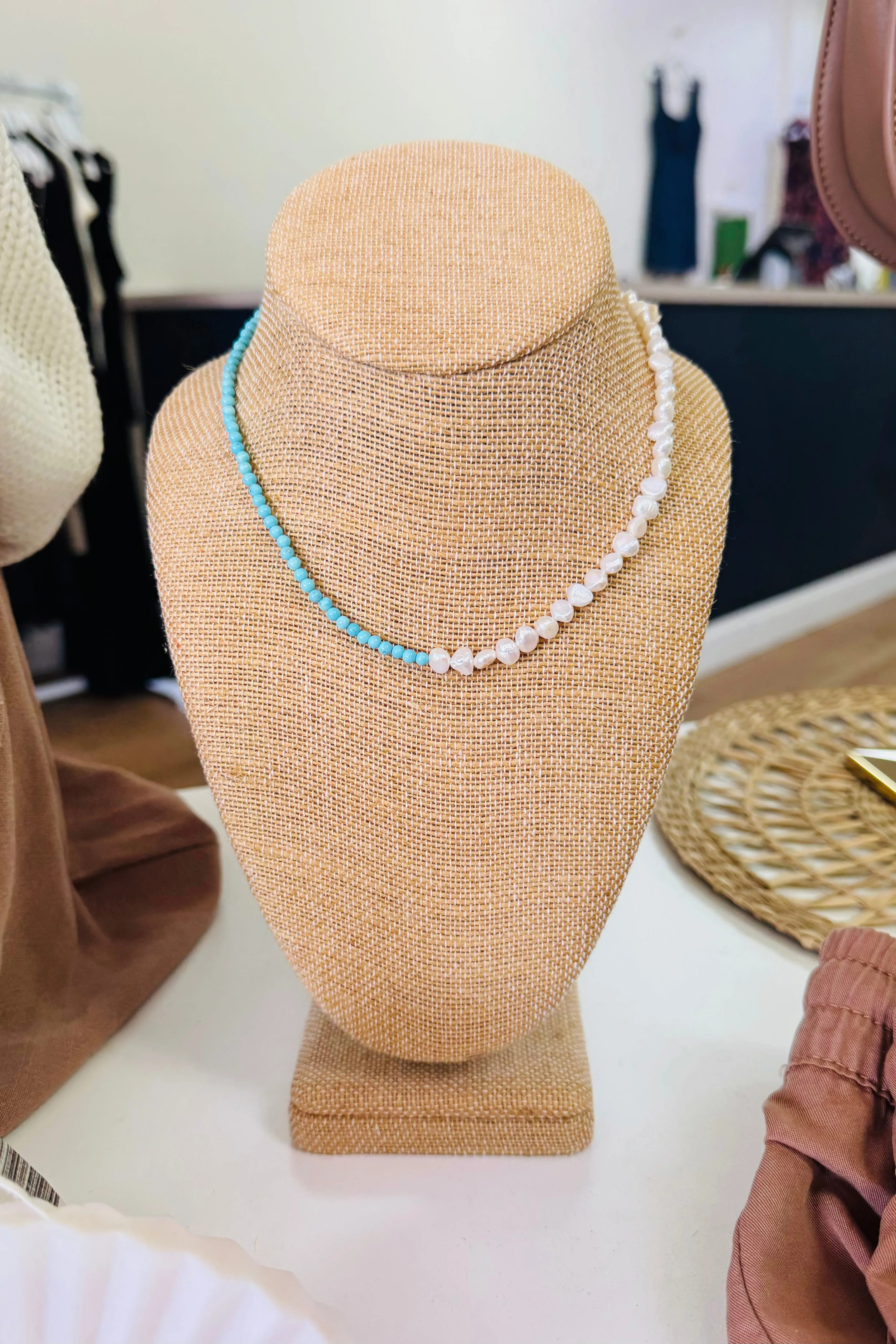 Half Pearl, Half Turquoise Beaded Layering Necklace