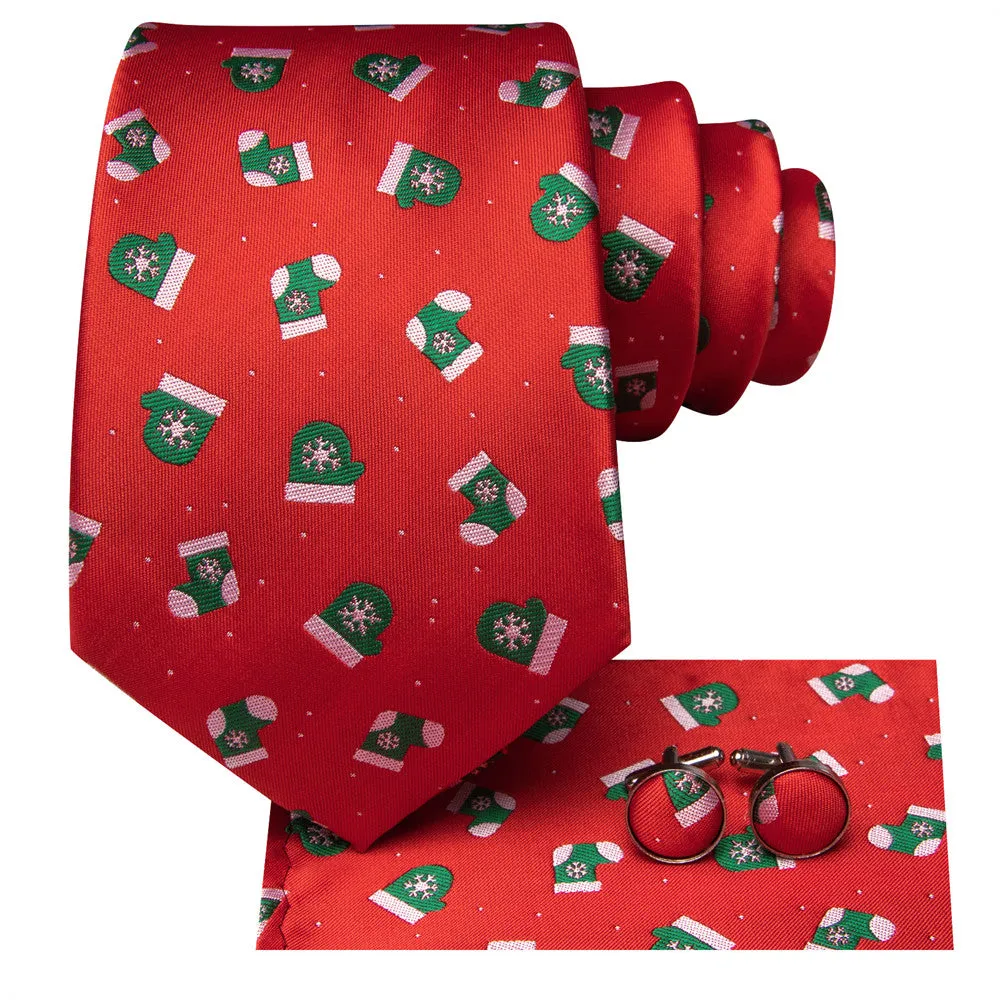 Hi-Tie Red Christmas Gloves Designer Tie Pocket Square Cufflinks Set