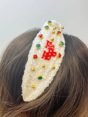 'Ho Ho Ho' Embellished Sequin Top Knot Headband - White