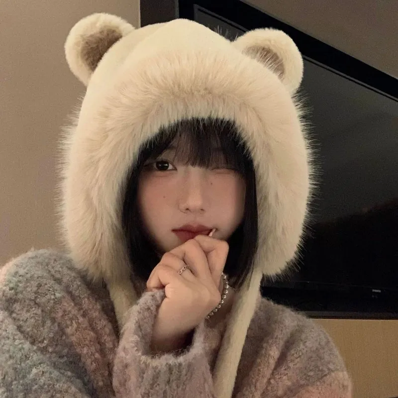 Korean Style Cute Bear Ear Pullover Hat Female Autumn And Winter Artistic Plush Hat Fleece-lined Thickened Outdoor Cold-proof Earmuffs Hat