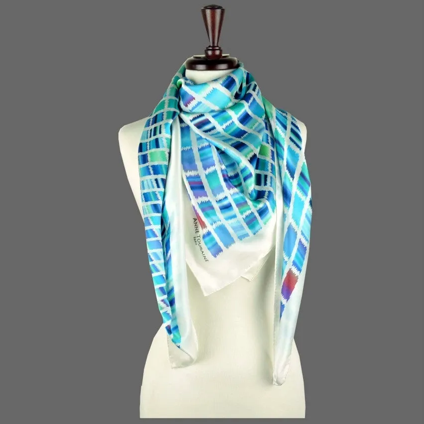 LARGE SILK SATIN SCARF - ETHNIC - Teal & Navy - 47x47"