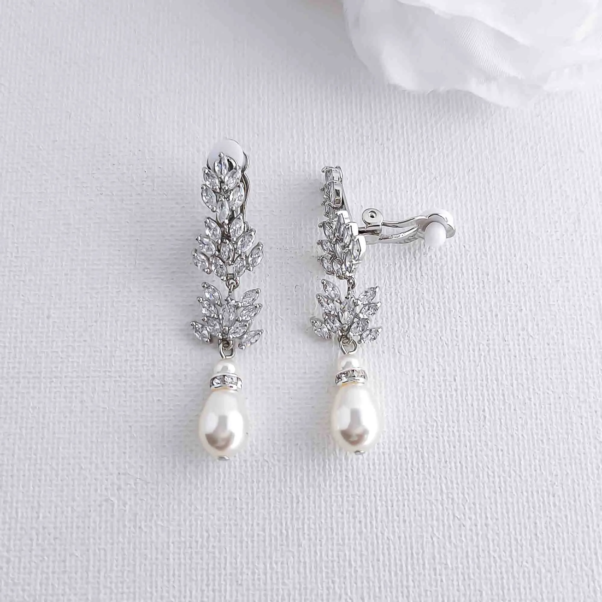 Leaf Clip On Earrings with Pearls-Treasa