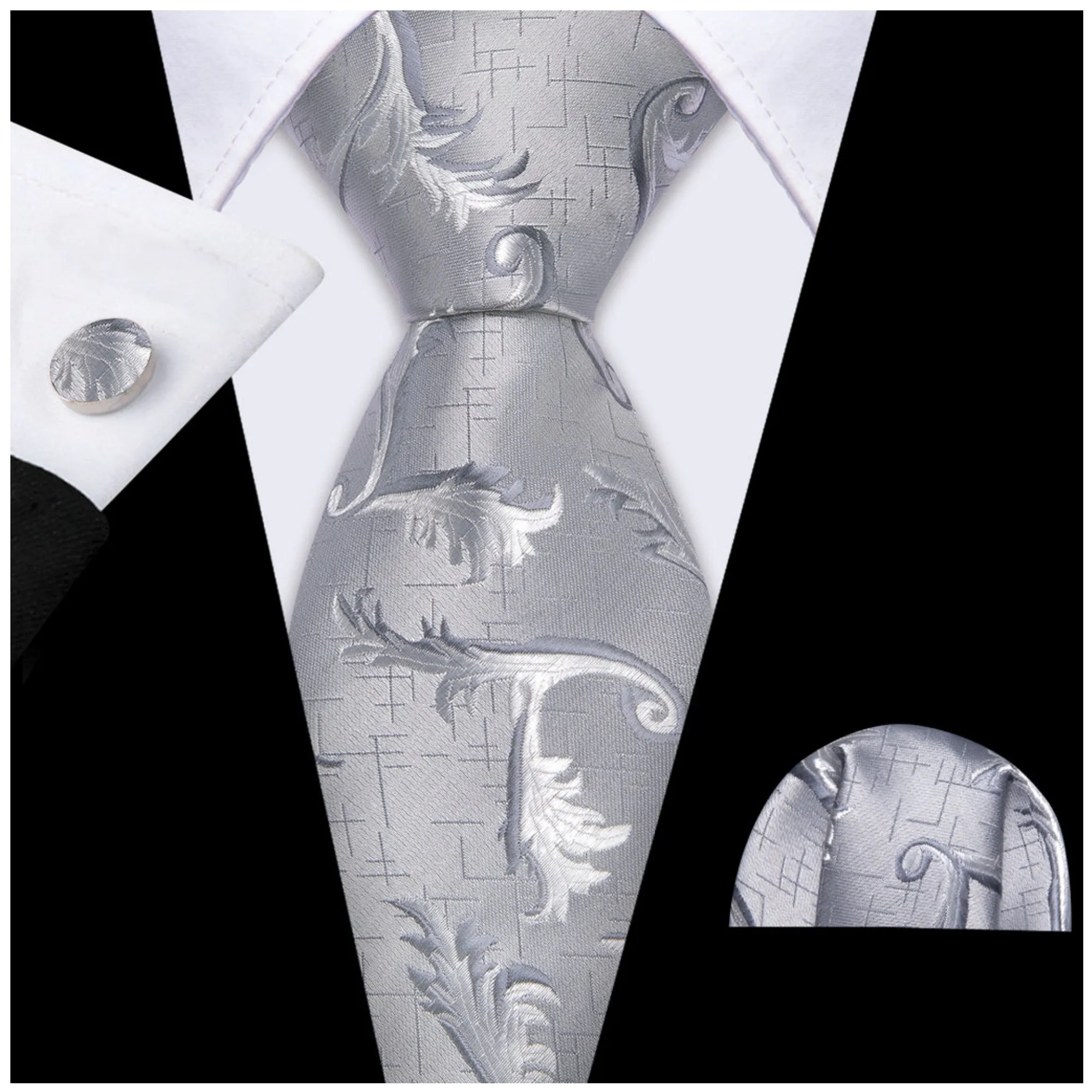 Men's Gray And White Floral 100% Silk Neck Tie With Matching Hanky And Cufflinks Set