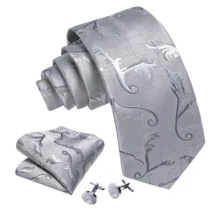 Men's Gray And White Floral 100% Silk Neck Tie With Matching Hanky And Cufflinks Set