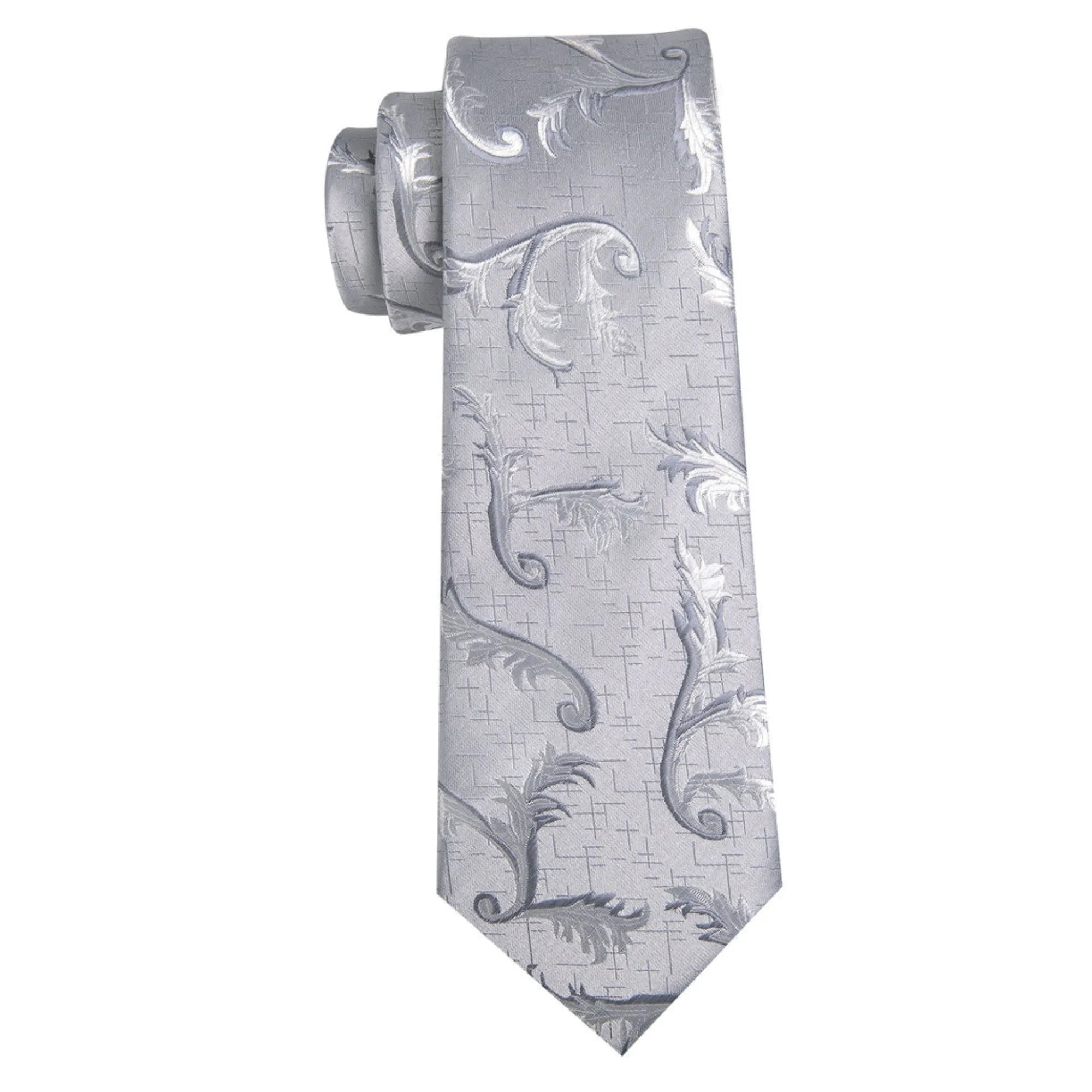 Men's Gray And White Floral 100% Silk Neck Tie With Matching Hanky And Cufflinks Set