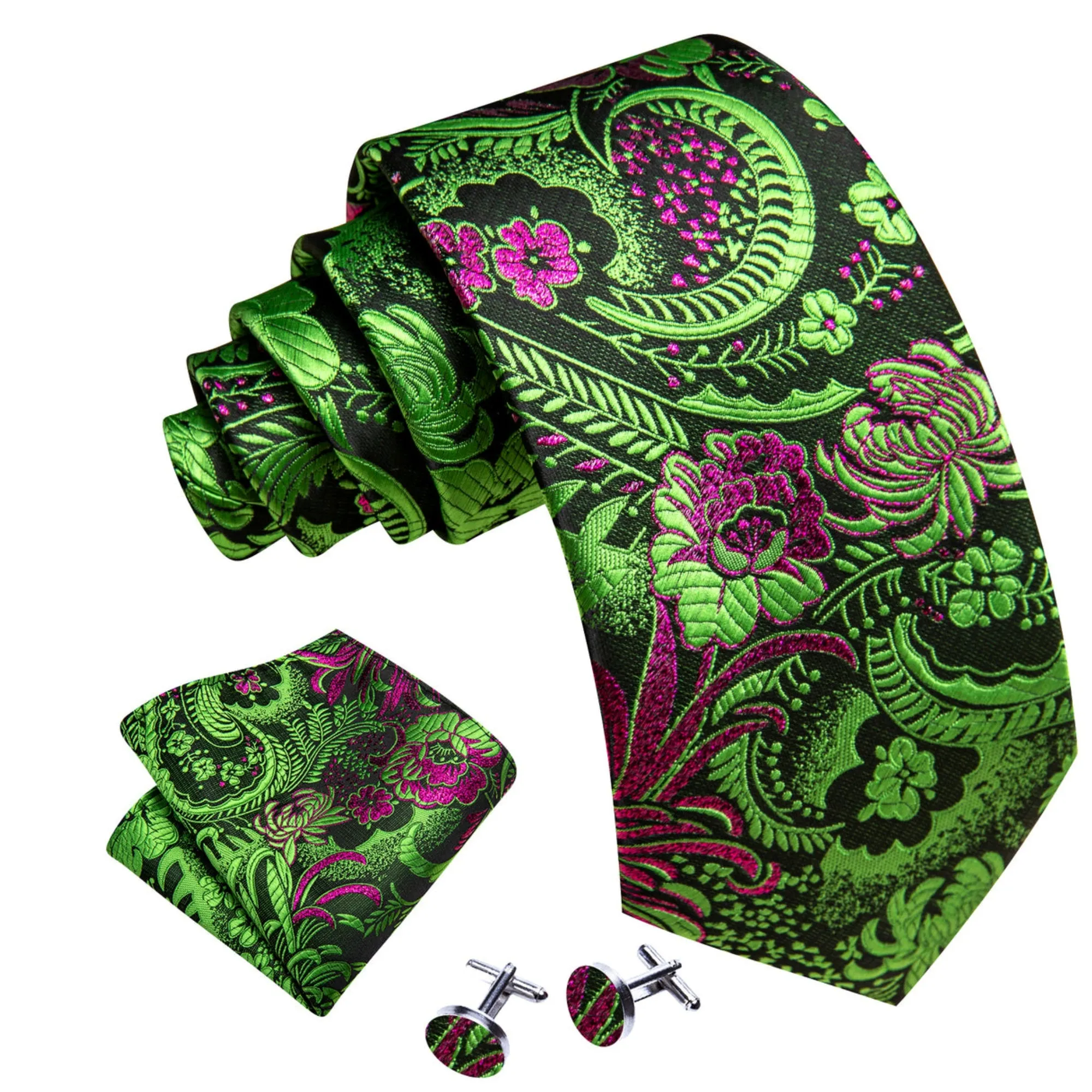 Men's Green And Fuchsia Paisley 100% Silk Neck Tie With Matching Hanky And Cufflinks Set