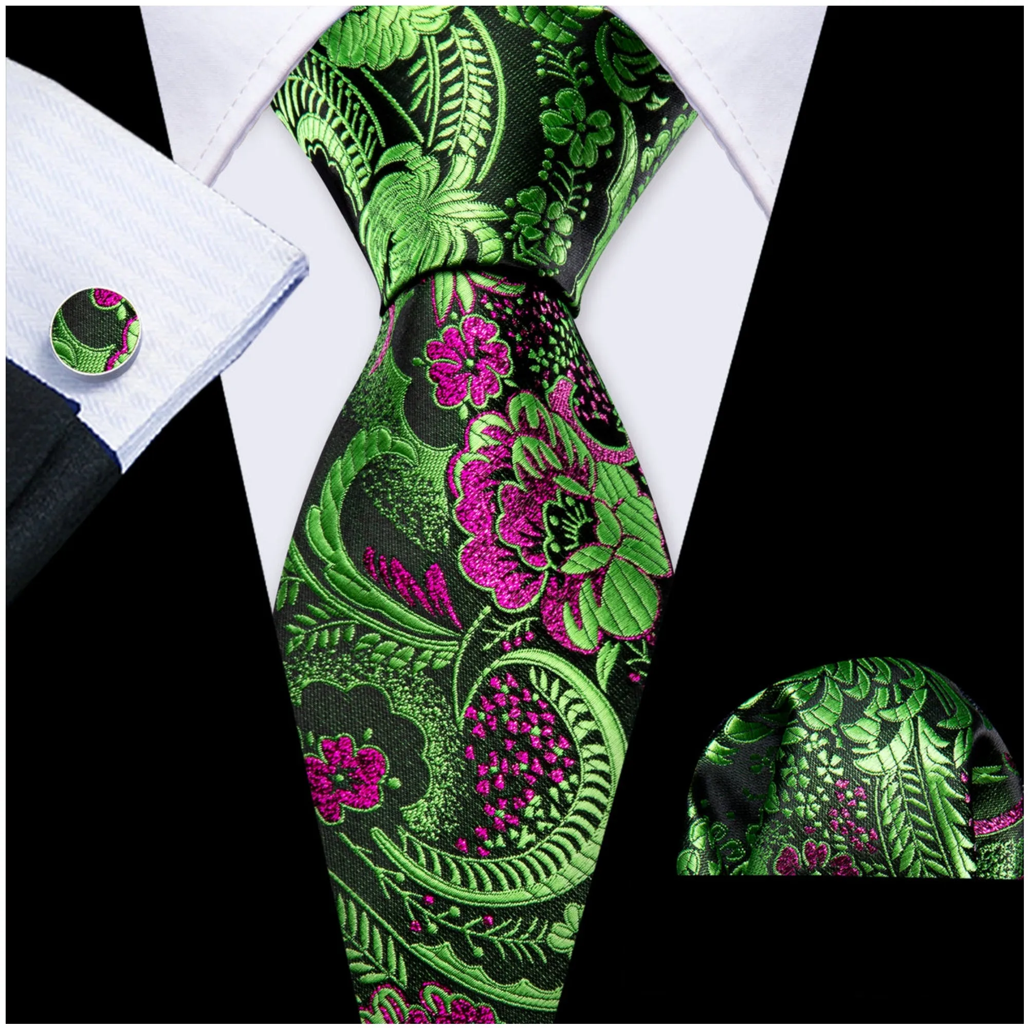 Men's Green And Fuchsia Paisley 100% Silk Neck Tie With Matching Hanky And Cufflinks Set