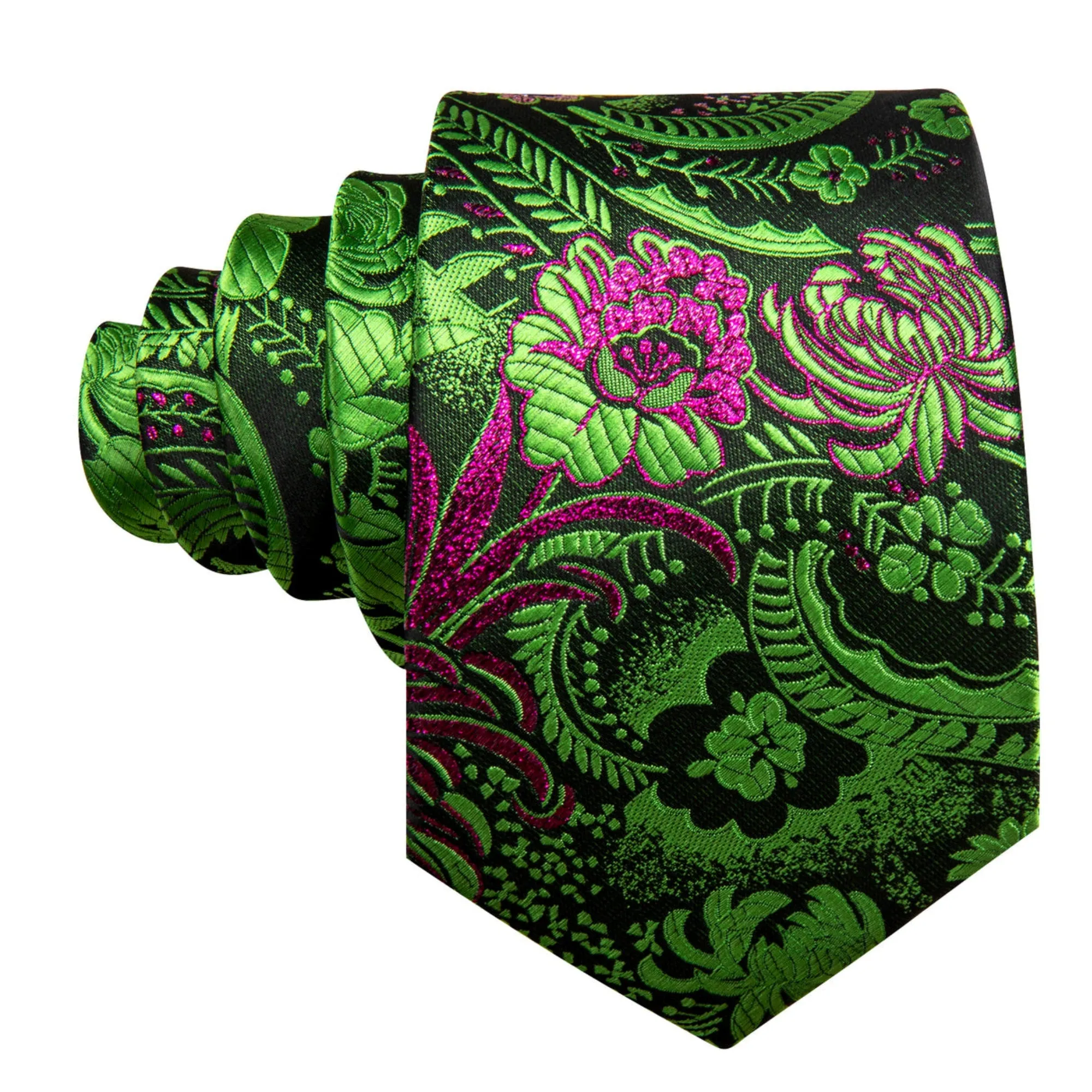 Men's Green And Fuchsia Paisley 100% Silk Neck Tie With Matching Hanky And Cufflinks Set