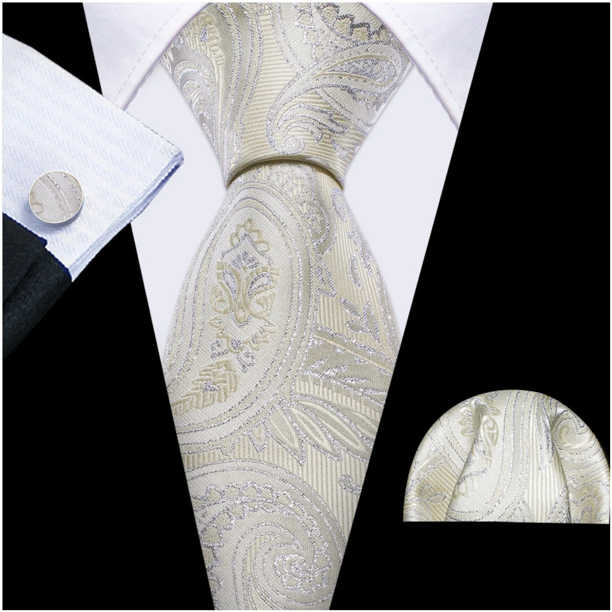 Men's Silver And Yellow Paisley 100% Silk Neck Tie With Matching Hanky And Cufflinks Set