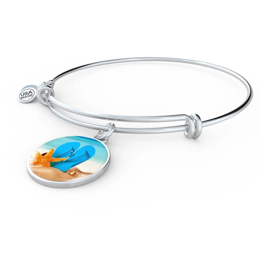 New Flip Flops on the Beach - Round Pendant Bangle Bracelet