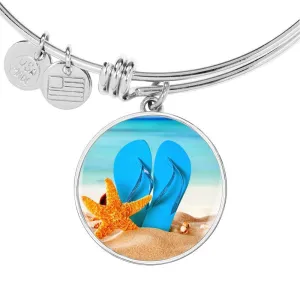 New Flip Flops on the Beach - Round Pendant Bangle Bracelet