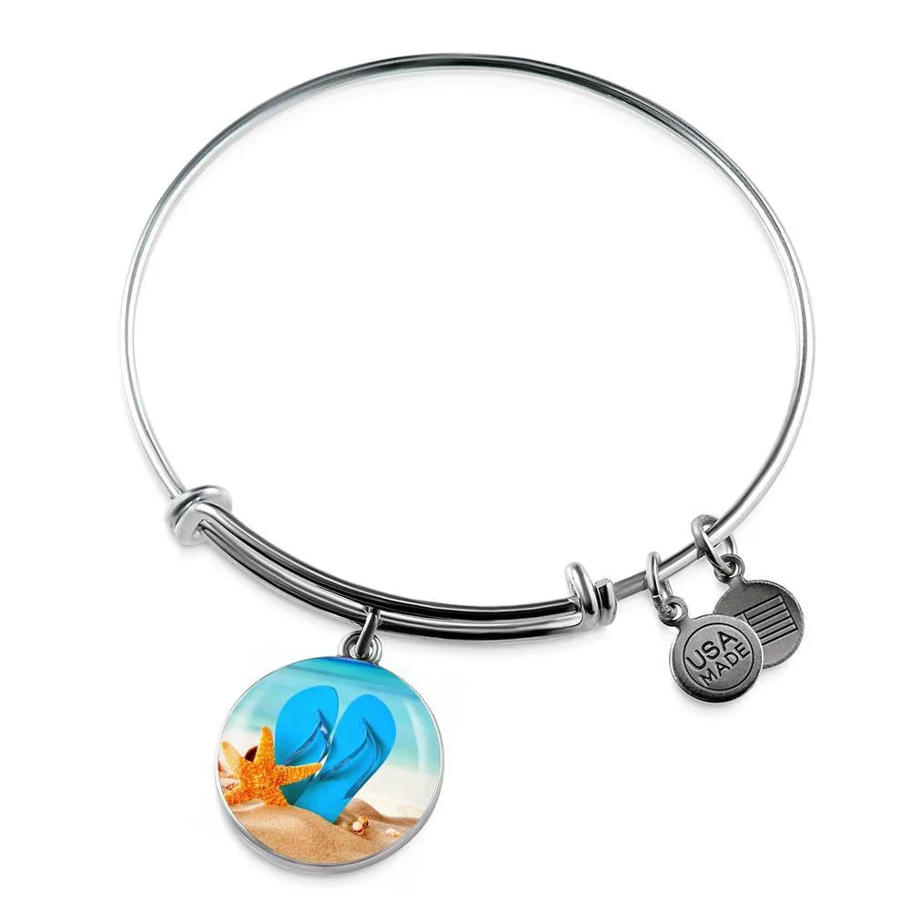 New Flip Flops on the Beach - Round Pendant Bangle Bracelet