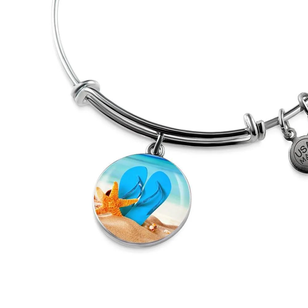 New Flip Flops on the Beach - Round Pendant Bangle Bracelet