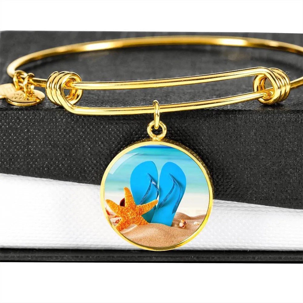 New Flip Flops on the Beach - Round Pendant Bangle Bracelet