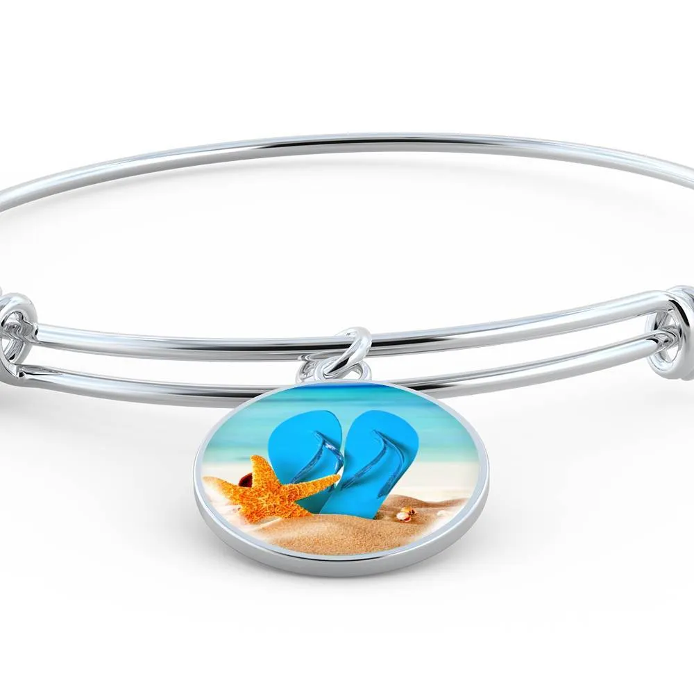 New Flip Flops on the Beach - Round Pendant Bangle Bracelet