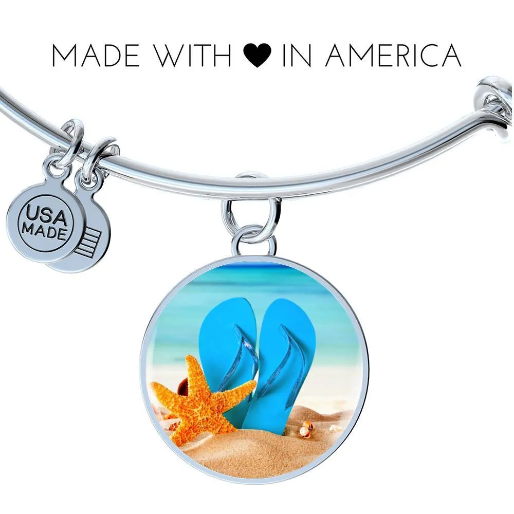 New Flip Flops on the Beach - Round Pendant Bangle Bracelet