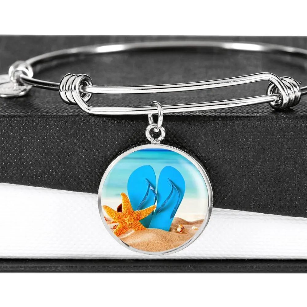 New Flip Flops on the Beach - Round Pendant Bangle Bracelet