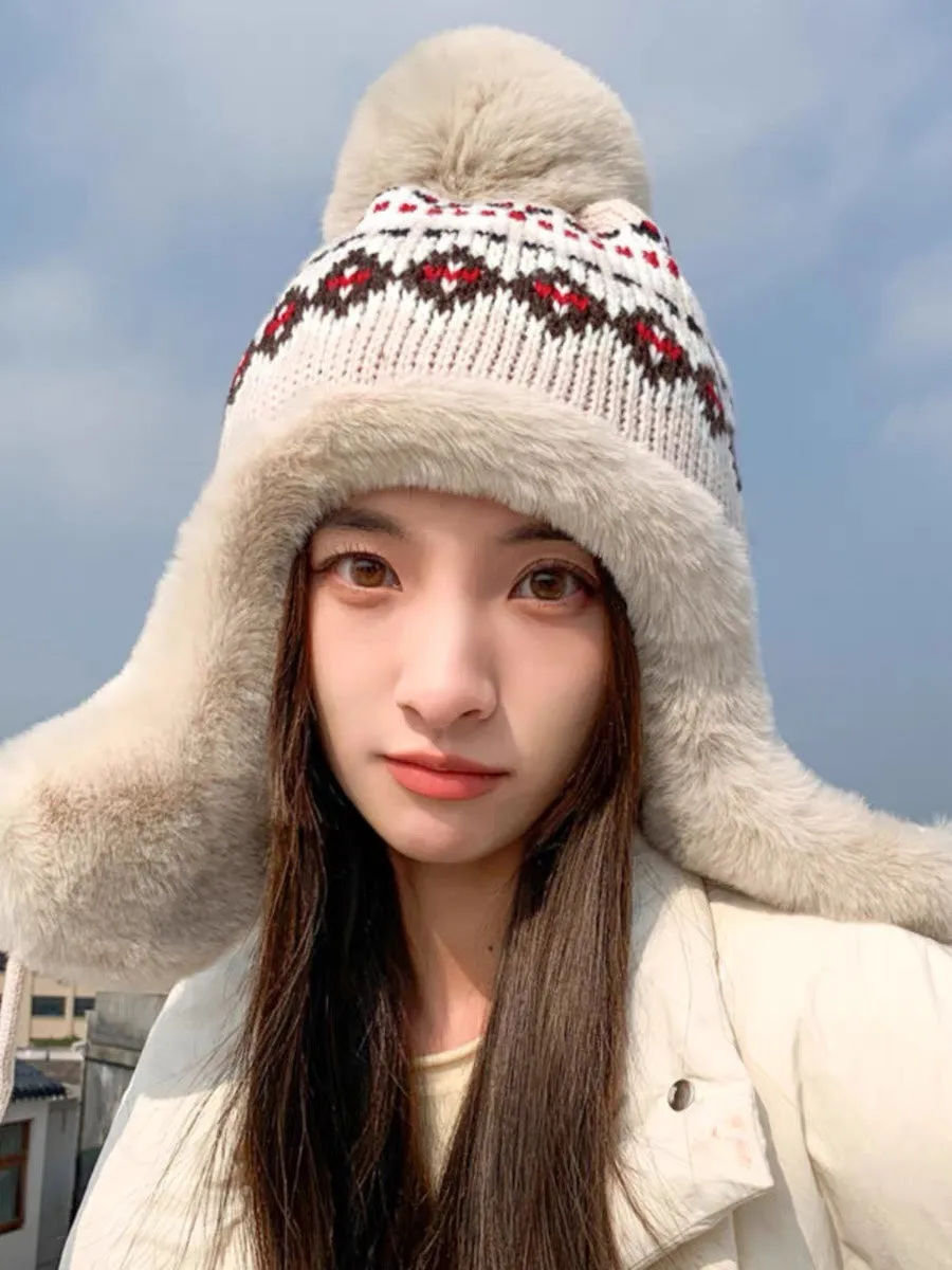 PLUSH EARMUFFS HAT IN COLORFUL WOOL AND RABBIT FUR 408170