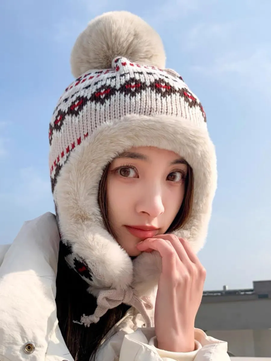 PLUSH EARMUFFS HAT IN COLORFUL WOOL AND RABBIT FUR 408170