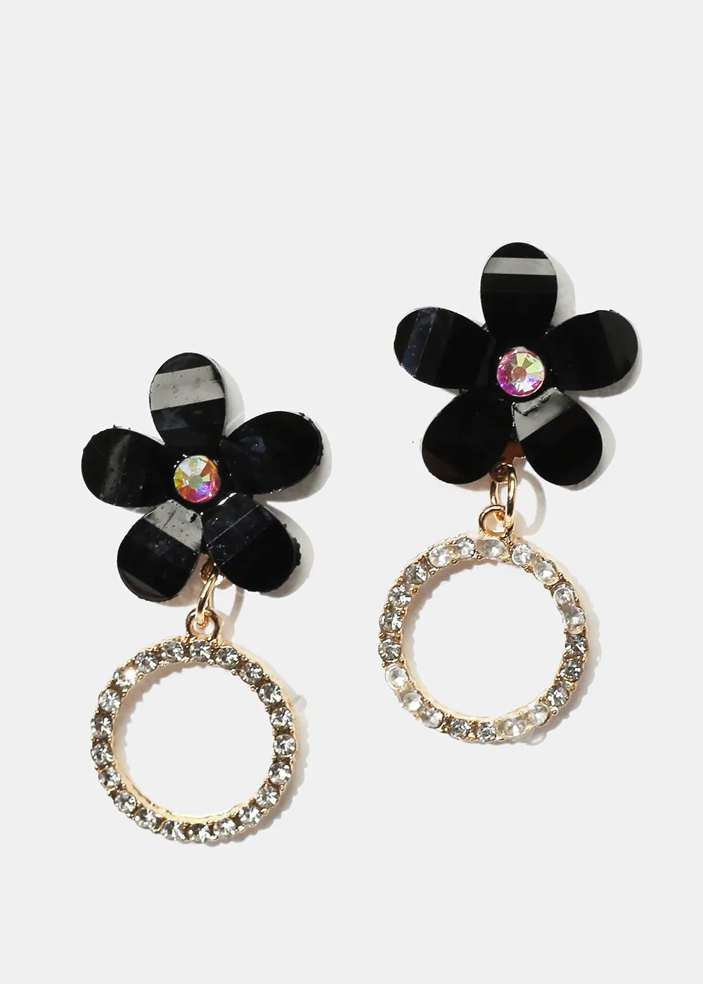 Rhinestone Circle & Flower Stud Earrings