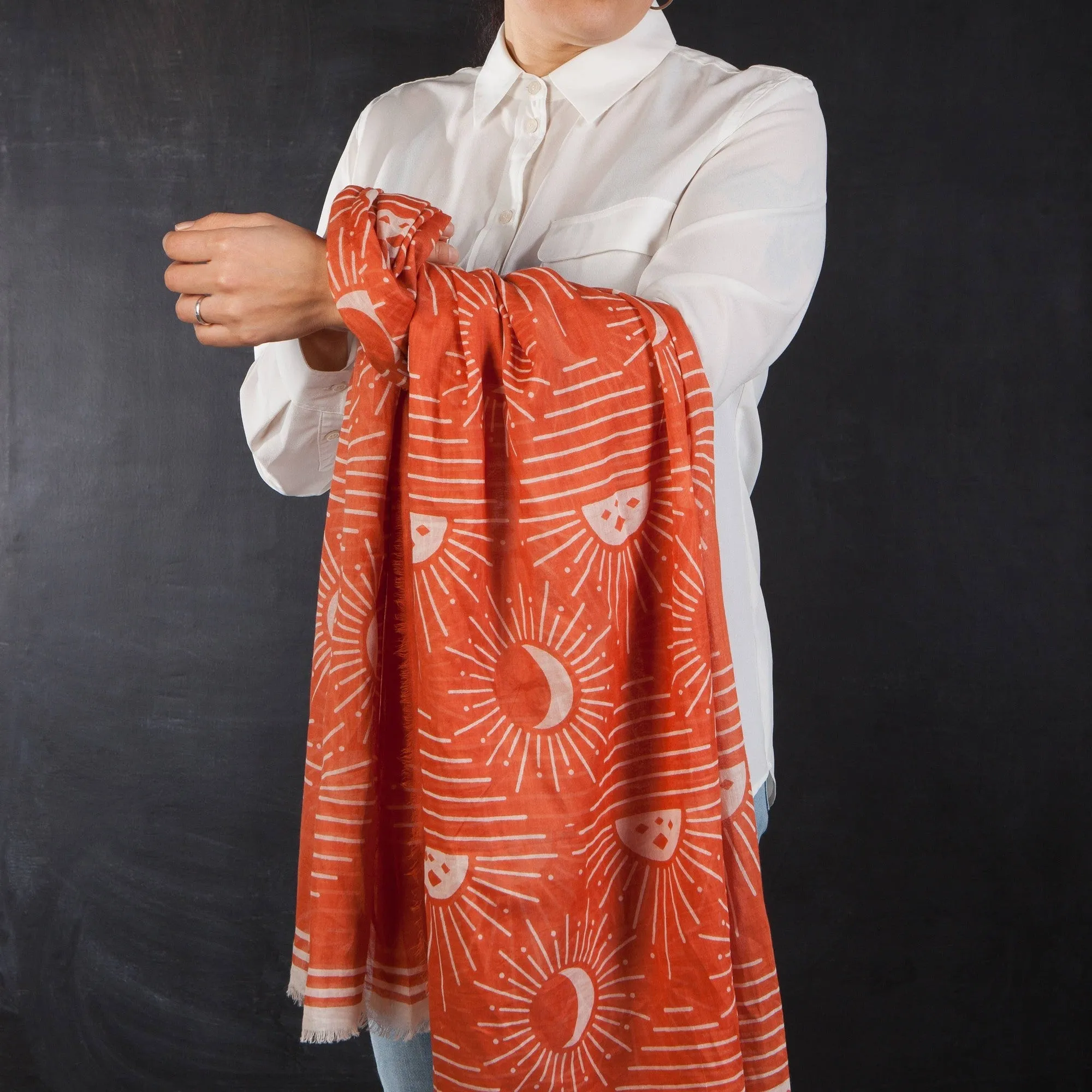 Soleil Printed Cotton Long Designer Scarf in Light Brown | Wrap Shawl Scarves | 40” x 72”